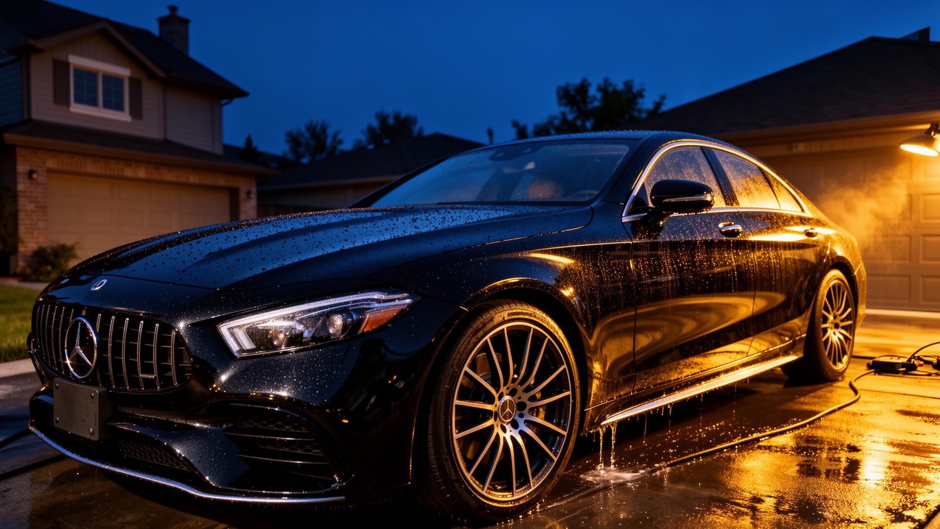 Freshly detailed black luxury car at dusk